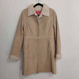 Vintage Y2k 2000s Xhilaration Beige Leather Sherpa‎ Lined Penny Lane Coat Size M